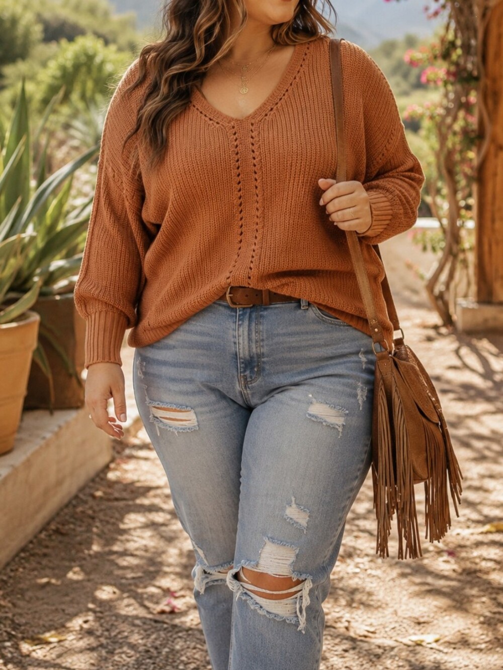 Dex Rust V-Neck Knit Sweater | Chunky Textured Pullover | Relaxed Slouchy Cozy